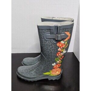 Landchief Gray Flowers Rain Boots for Women, Waterproof Tall Knee High Rubber